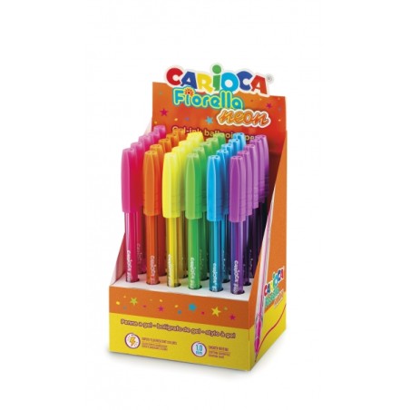 ✅ Carioca Fiorella Présentoir de 30 Stylos Néon - Pointe Boule - Corps Transparent Fluo - Écriture Lumineuse en stock