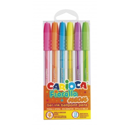 ✅ Carioca Fiorella Lot de 6 Stylos Couleur Fluo - Stylo Bille avec Pointe Bille et Corps Transparent Fluo - Écr en stock