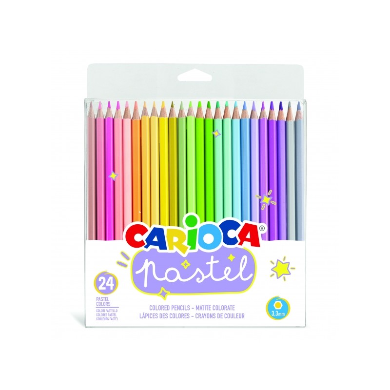 Carioca Lot de 24 crayons en bois - Couleurs pastel - Corps hexagonal - Couleurs vives et lavables - Écriture douce - Mine sûre