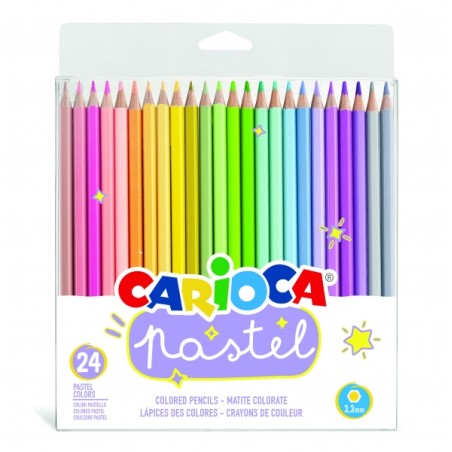 ✅ Carioca Lot de 24 crayons en bois - Couleurs pastel - Corps hexagonal - Couleurs vives et lavables - Écriture en stock
