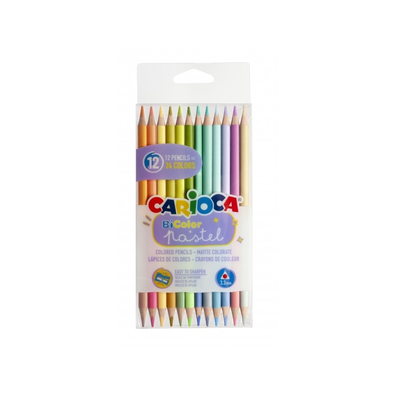 Carioca Lot de 12 crayons bicolores - 24 couleurs pastel - Corps triangulaire - Couleurs vives et lavables - Écriture douce