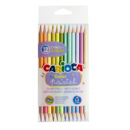 â Carioca Lot de 12 crayons bicolores - 24 couleurs pastel - Corps triangulaire - Couleurs vives et lavables - Ã en stock