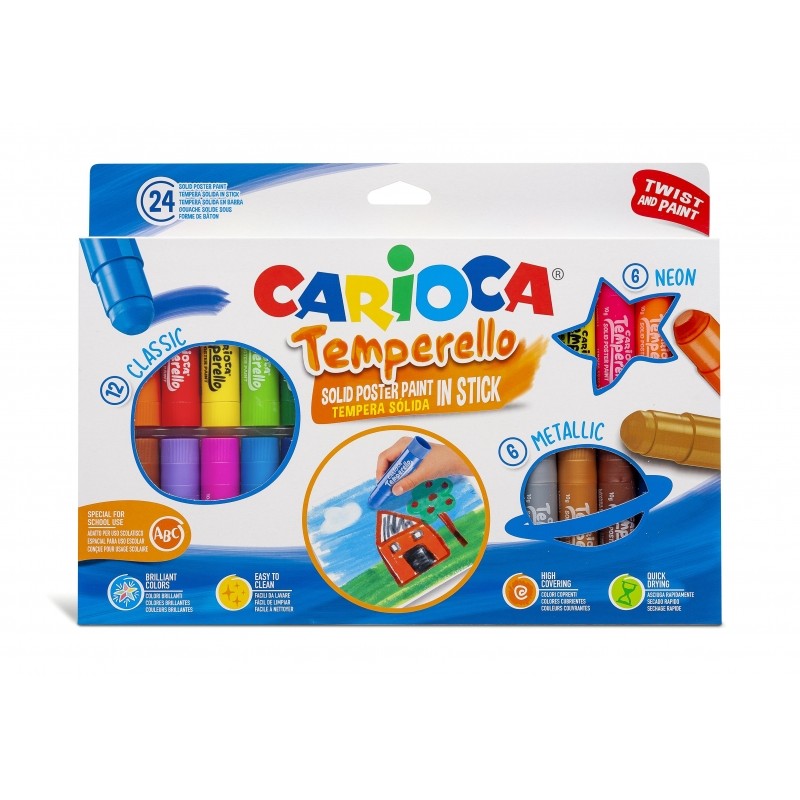 Carioca Temperello Lot de 24 détrempes solides – Couleurs vives et lavables – Excellente couverture – Facile à mélanger – Sans