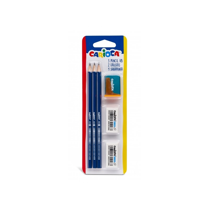 Crayons Graphite HB x3 + Gommes et Taille-crayon - Carioca - Gris

