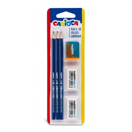✅ Carioca Pack de 3 Crayons Graphite HB + 2 Gommes et Taille-crayon - Facile à effacer et à tailler - Corps Tr en stock