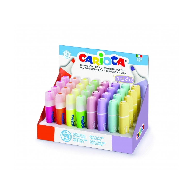Carioca Memolight Présentoir de 32 Surligneurs - Couleurs Fluo et Pastel - Lumineux et Lavable - Encre à Base d'Eau - Pointe