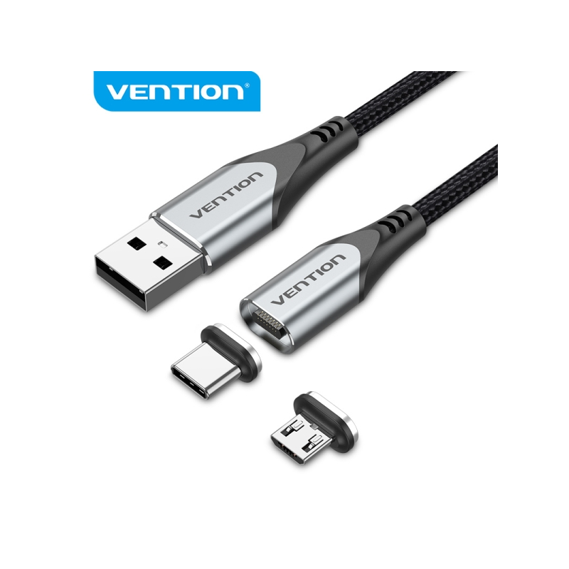 Câble Vention CQMHD USB-A 2.0 vers Micro-B et USB-C magnétique - Connecteurs interchangeables - Transfert 480 Mb/s - Couleur