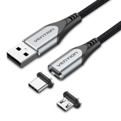 Câble Vention CQMHD USB-A 2.0 vers Micro-B et USB-C magnétique - Connecteurs interchangeables - Transfert 480 Mb/s - Couleur