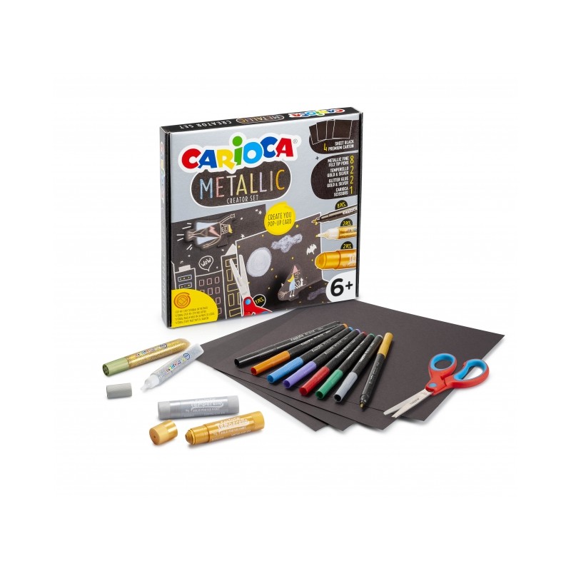 Carioca Metallic Pop Up Creator Jeu pour réaliser des cartons super 3D - 8 marqueurs métalliques à pointe fine - 2 temperello