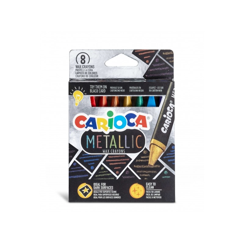 Carioca Metallic Pack de 8 Cires Métallisées - Corps Maxi Triangulaire - Couleurs Couvrantes pour Surfaces Foncées - Facile à