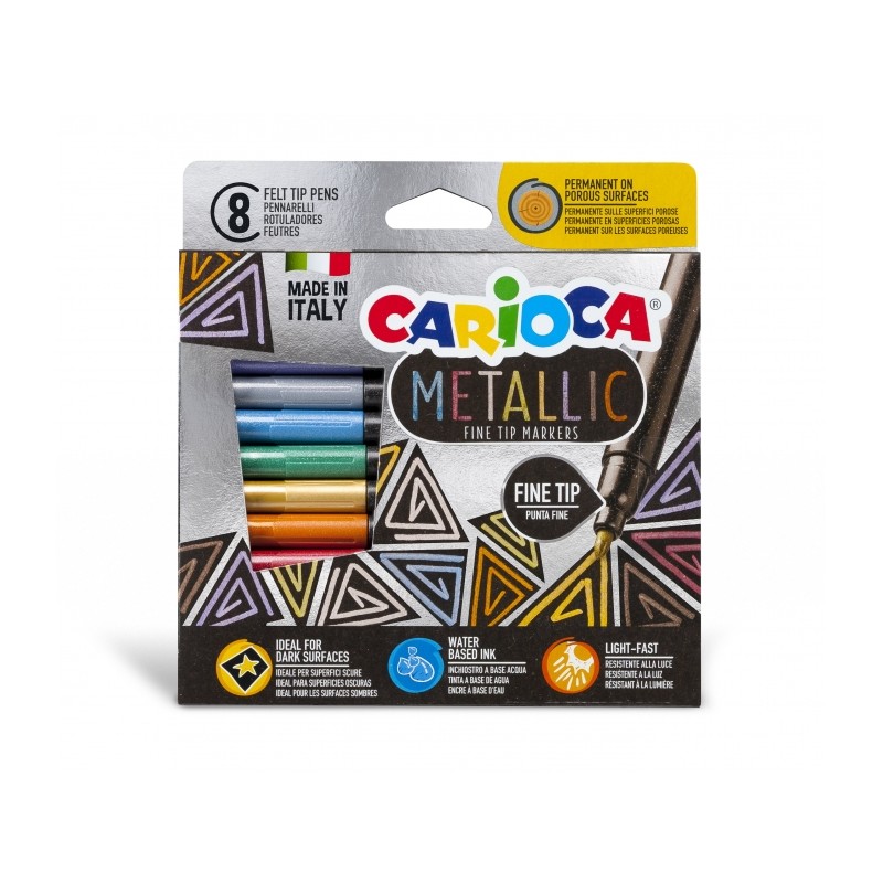 Carioca Metallic Fine Lot de 8 marqueurs métalliques - Pointe fine - Idéal pour les surfaces foncées - Couleurs permanentes sur