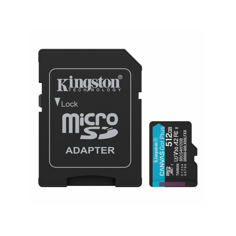 Carte Micro SDXC Kingston 512 Go UHS-I U3 V30 Classe 10 200 Mo/s Canvas Go Plus avec adaptateur