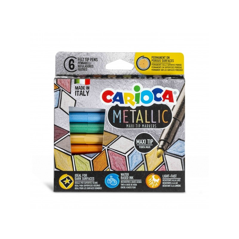 Carioca Metallic Maxi Pack de 6 Feutres - Pointe Maxi Ø 6mm - Idéal pour les Surfaces Foncées - Couleurs Permanentes sur