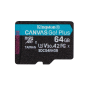 Carte Micro SDXC Kingston 64 Go UHS-I U3 V30 Classe 10 200 Mo/s Canvas Go Plus avec adaptateur