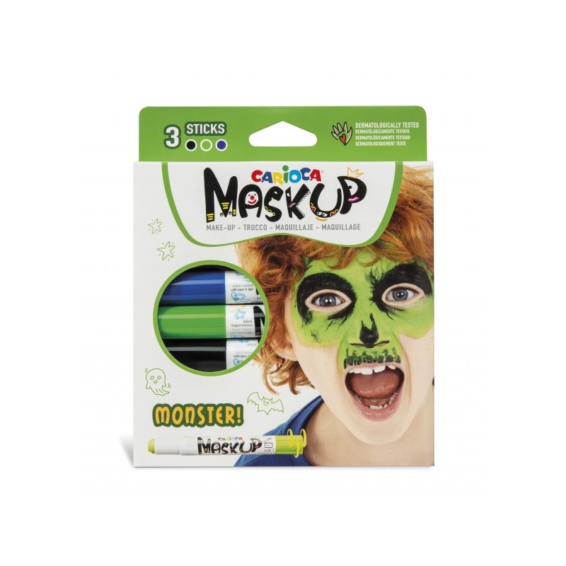 Carioca Mask Up Pack de 3 Monsters Stick Skin Colors - Couleurs vives - Lavable et à base d'eau - Comprend deux tutoriels étape