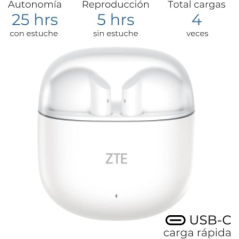 Écouteurs sans fil ZTE Buds 2 - Bluetooth 5.3 - Autonomie de 25 h - Résistance à l'eau IPX4 - Blanc