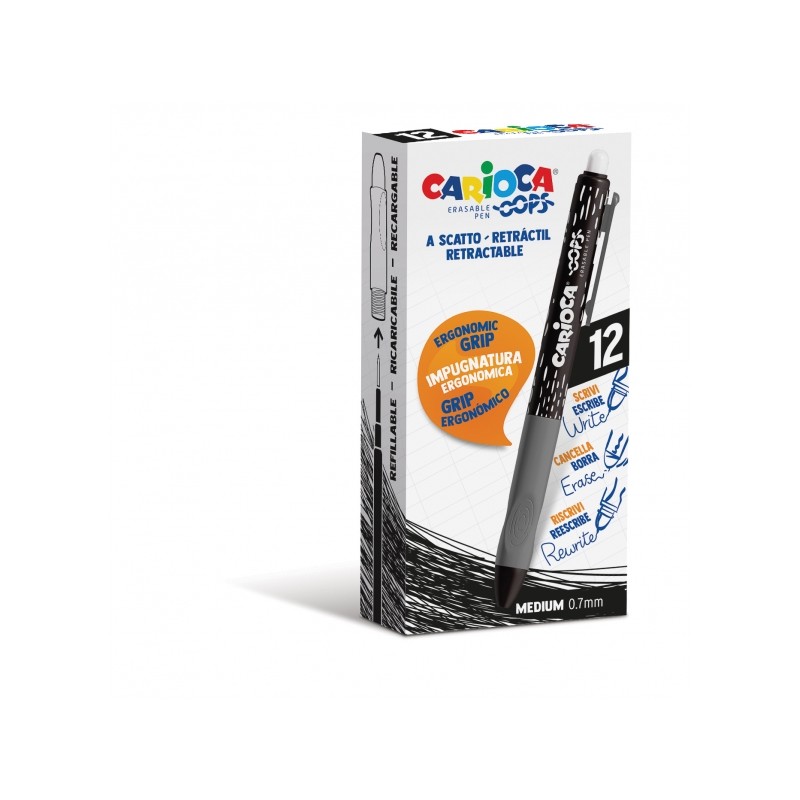 Stylos effaçables noirs Carioca Oops x12 - Pointe 0,7 mm
