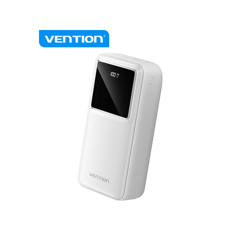 Vention Powerbank 30000mAh - Charge Rapide 22,5W - USB-C/USB-A/Micro-USB - Écran LED - Léger et Sûr - Couleur Blanc