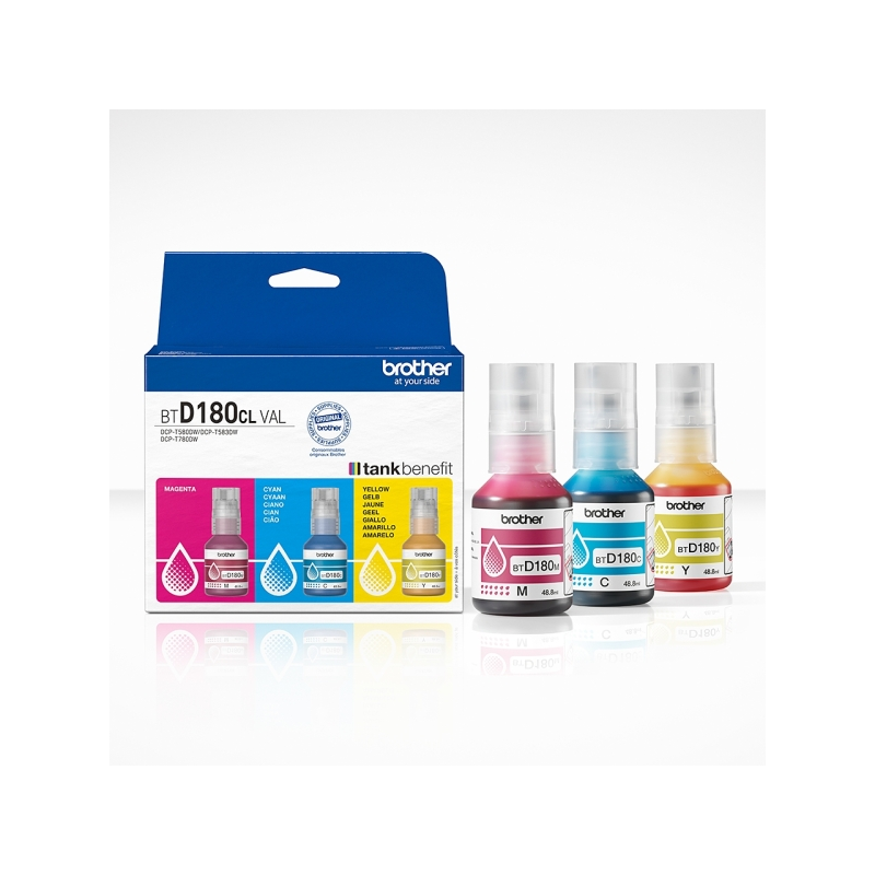 Brother BTD180CLVAL — lot de 3 bouteilles d'encre : cyan, magenta et jaune