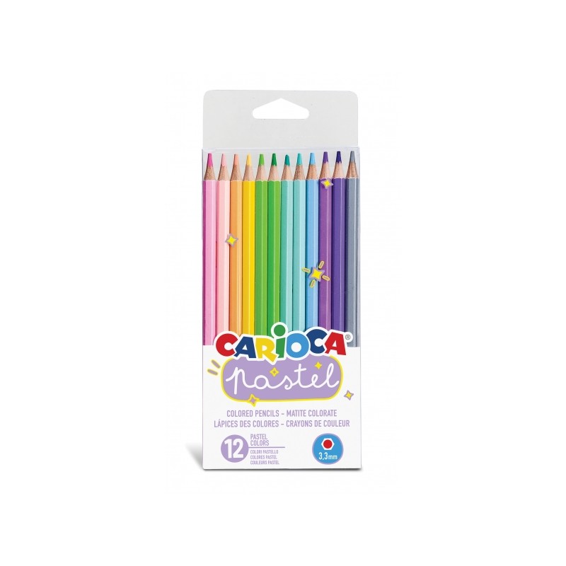 Carioca Lot de 12 Crayons Pastel en Bois - Couleurs Pastel - Corps Hexagonal - Couleurs Vives et Lavables - Écriture Douce