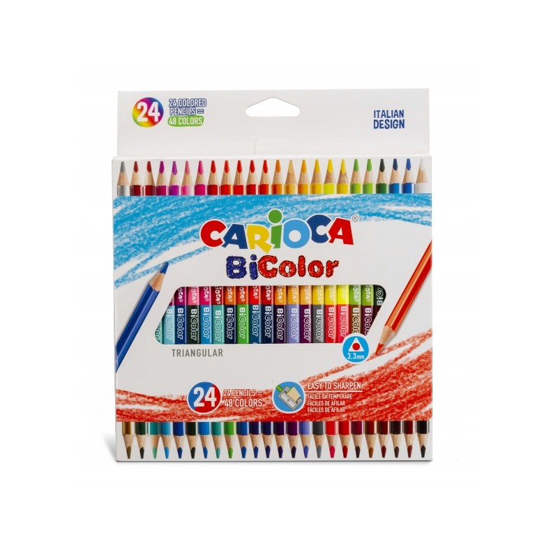 Carioca Lot de 24 Crayons Laqués Triangulaires Bicolores - Mine de Haute Qualité Ø 3,3 mm - Haute Résistance à la Casse