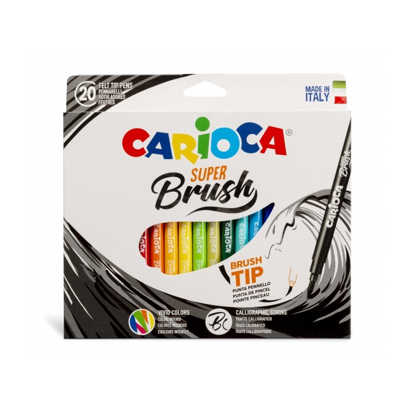 Carioca Super Brush Pack de 20 marqueurs - Pointe pinceau douce et flexible - Encre lavable - Couleurs super vives - Parfait