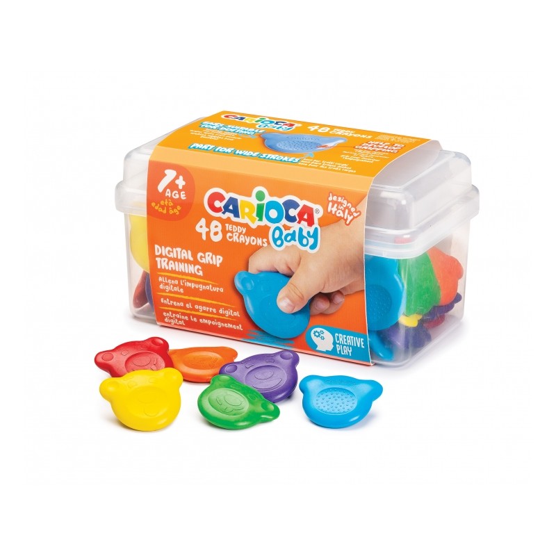 Carioca Baby Teddy Crayons Pack de 48 crayons - Étui en plastique - Certifié à partir de 12 mois - Conçu pour entraîner la