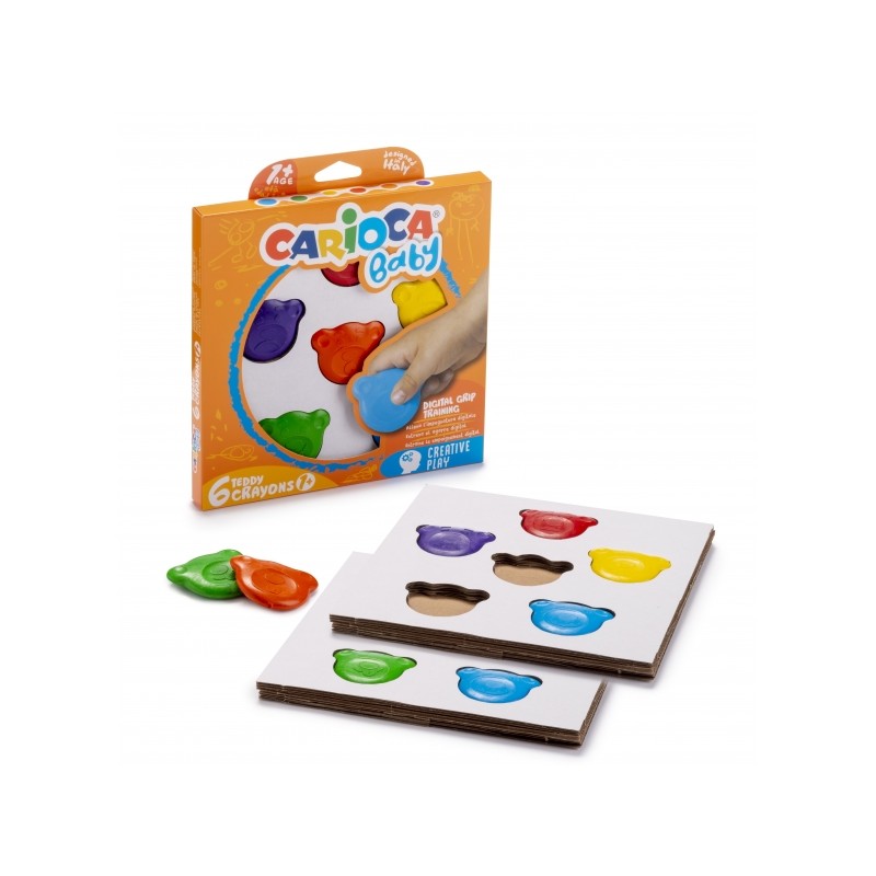 Carioca Teddy Crayons Pack de 6 crayons de couleur - Certifiés à partir de 12 mois - Conçus pour entraîner la préhension
