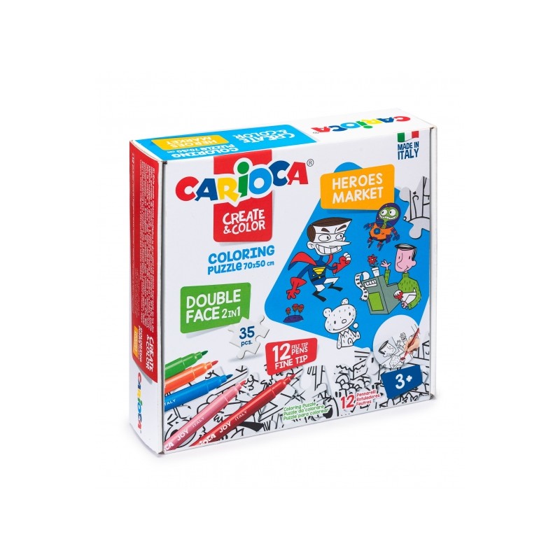 Carioca Puzzle à colorier Super Héros et Marché Pack de 35 pièces de coloriage double face - Comprend 12 marqueurs super