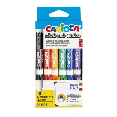✅ Carioca Pack de 6 Marqueurs Tableau Blanc à Clip - Capuchon Clip - S'efface facilement et sèche rapidement - en stock