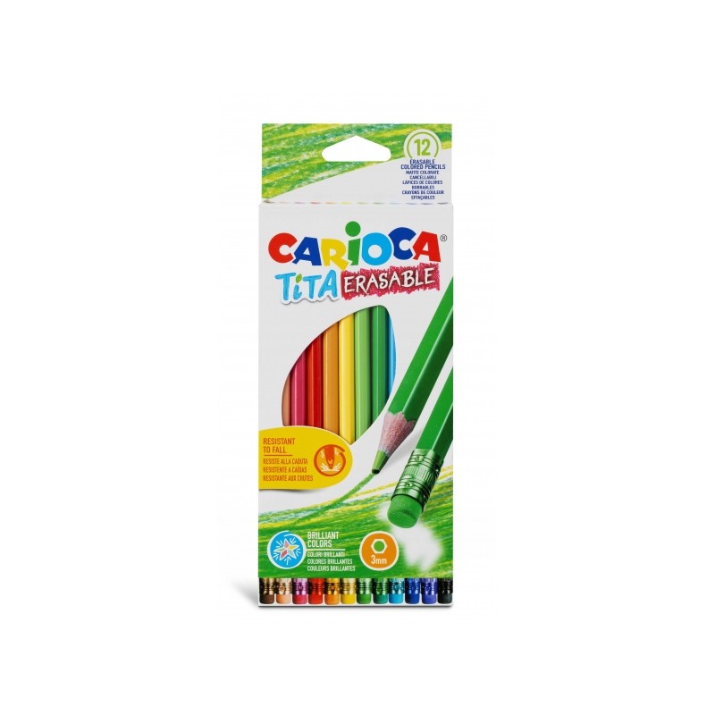 Carioca Tita Lot de 12 Crayons Effaçables en Résine - Corps Hexagonal - Couleurs Vives et Lavables - Écriture Douce - Mine Ø 3
