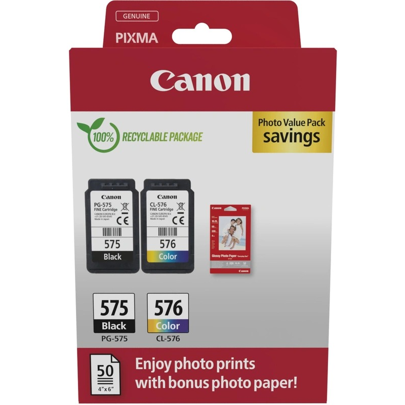 Canon PG-575/CL-576 Pack de 2 Cartouches d'Encre Originales + 50 Feuilles de Papier Photo - 5438C004