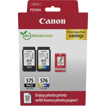 ✅ Canon PG-575/CL-576 Pack de 2 Cartouches d'Encre Originales + 50 Feuilles de Papier Photo - 5438C004 couleur S en stock
