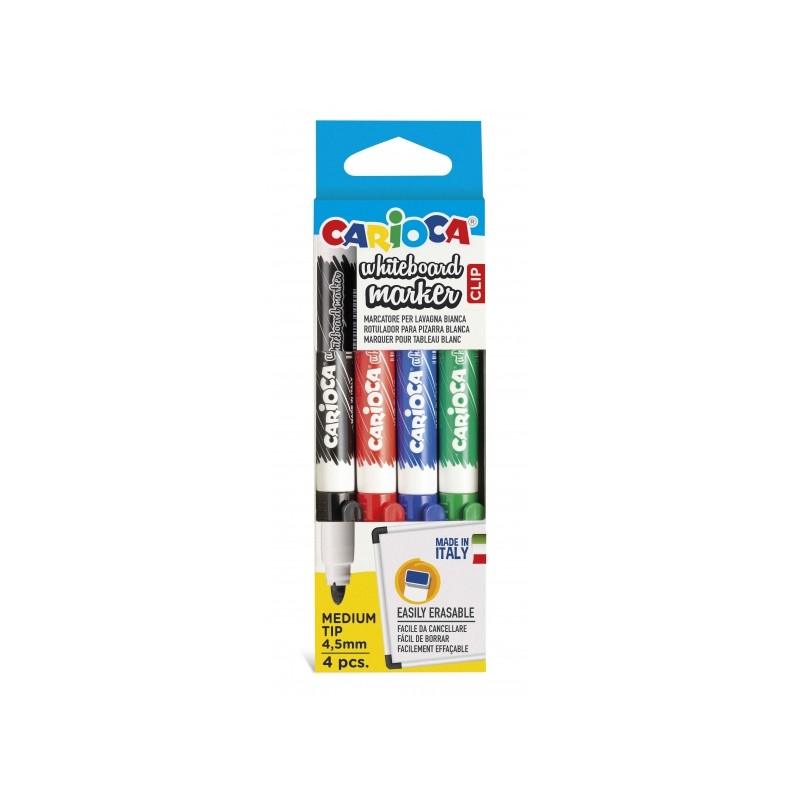 Carioca Whiteboard Clip Pack de 4 Marqueurs Effaçables pour Tableaux Blancs - Pointe Moyenne - Pointe Ø 4,5 mm - Capuchon avec