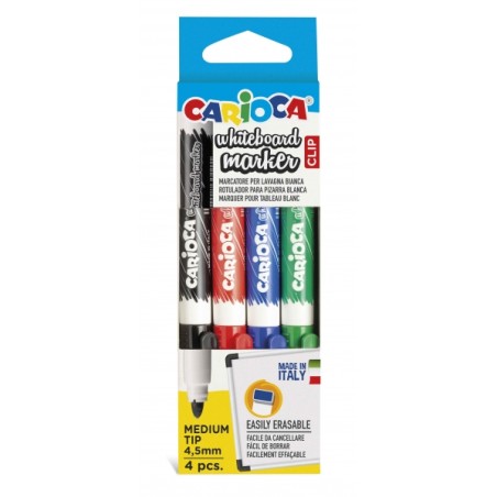 ✅ Carioca Whiteboard Clip Pack de 4 Marqueurs Effaçables pour Tableaux Blancs - Pointe Moyenne - Pointe Ø 4,5 en stock