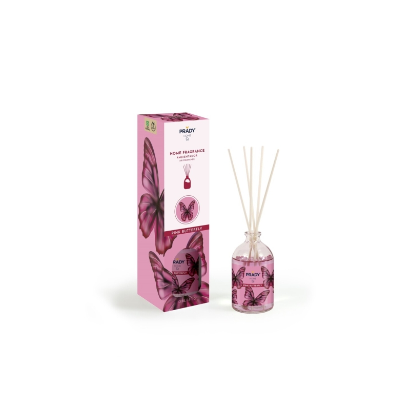 Désodorisant d'ambiance Prady Pink Butterfly Mikado - Flacon en verre de 100 ml et bâtonnets diffuseurs