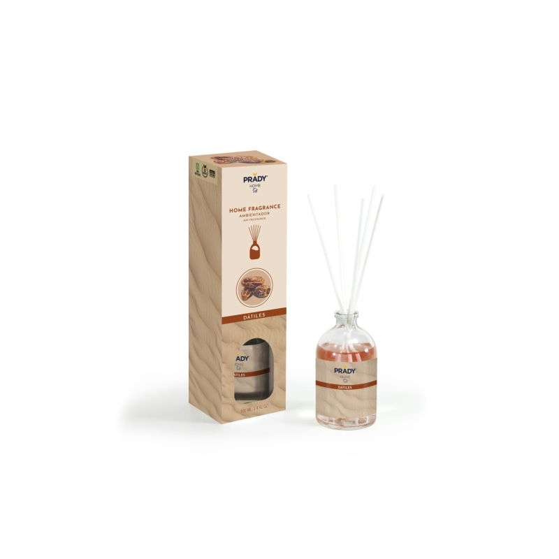 Désodorisant d'ambiance Prady Mikado à la datte - Flacon en verre de 100 ml et bâtonnets diffuseurs