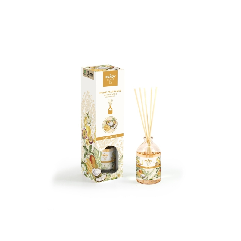 Désodorisant Prady Yani Tatus Mikado - Flacon en verre de 100 ml et bâtonnets diffuseurs