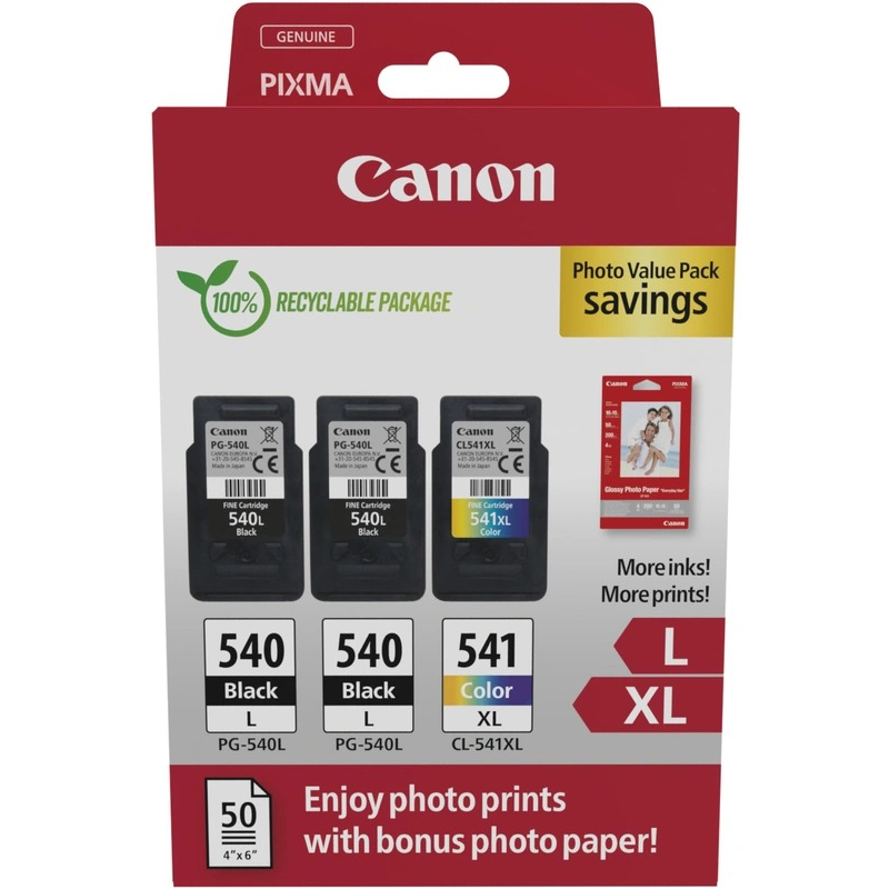 Canon PG-540L/CL-541XL Multipack de 3 cartouches d'encre originales + 50 feuilles de papier photo - 5224B015