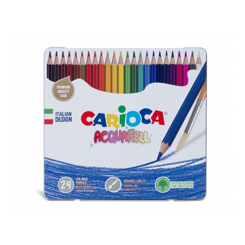 Carioca Acquarell Lot de 24 Crayons Aquarelle - Boîte en Métal - Effet Aquarelle à l'Eau et Pinceau - Couleurs Intenses et