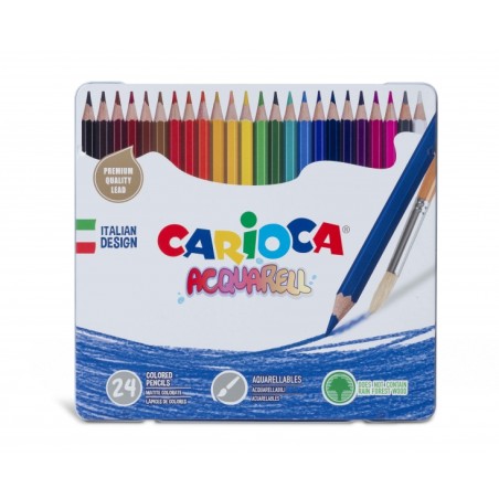 ✅ Carioca Acquarell Lot de 24 Crayons Aquarelle - Boîte en Métal - Effet Aquarelle à l'Eau et Pinceau - Coule en stock