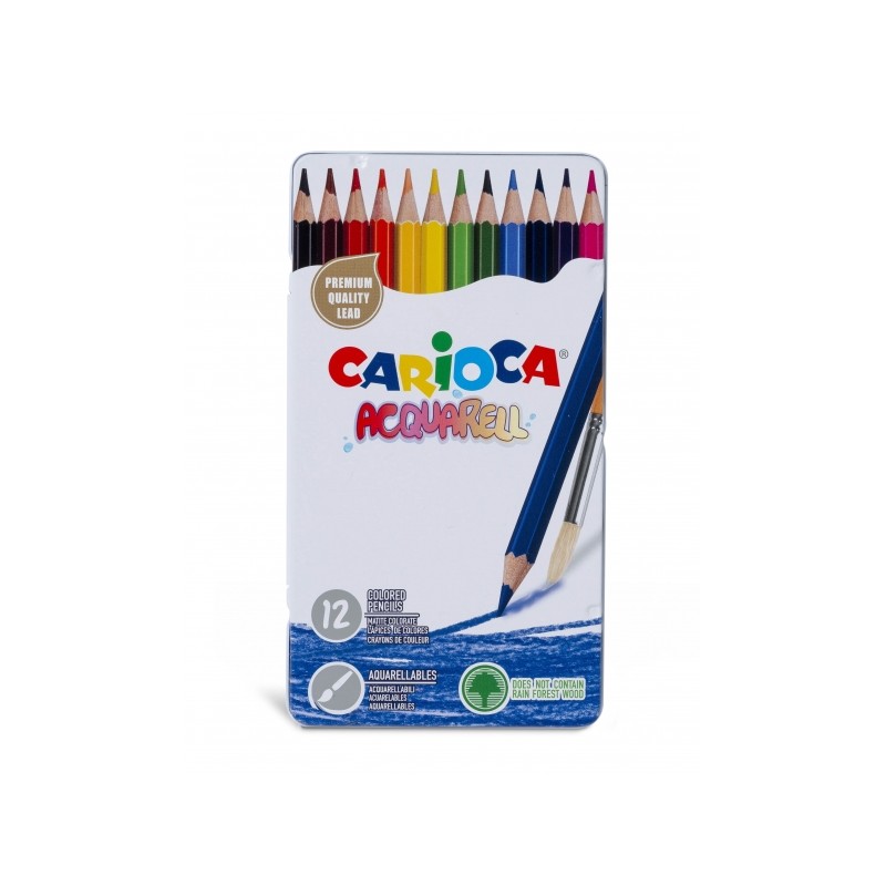 Carioca Acquarell Lot de 12 Crayons Aquarelle - Boîte en Métal - Effet Aquarelle à l'Eau et Pinceau - Couleurs Intenses et