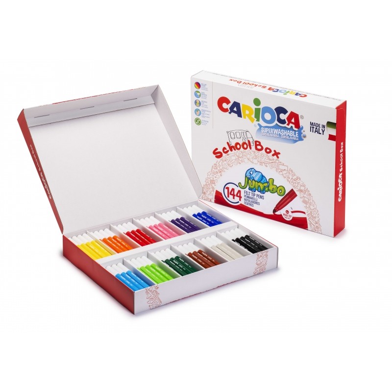 Carioca Jumbo School Box Pack de 144 Feutres - Corps Maxi Octogonal - Encre Super Lavable - Pointe Verrouillée Maxi 6mm