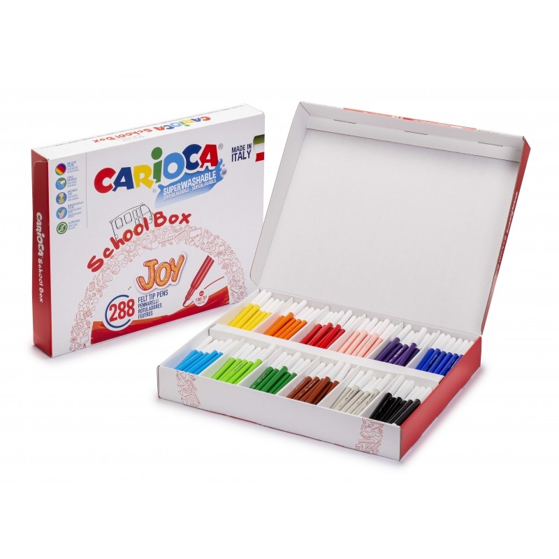 Carioca Joy School Box Pack de 288 Feutres - Encre Super Lavable - Pointe Fine 2,8 mm - Verrouillé et avec Capuchon Aéré