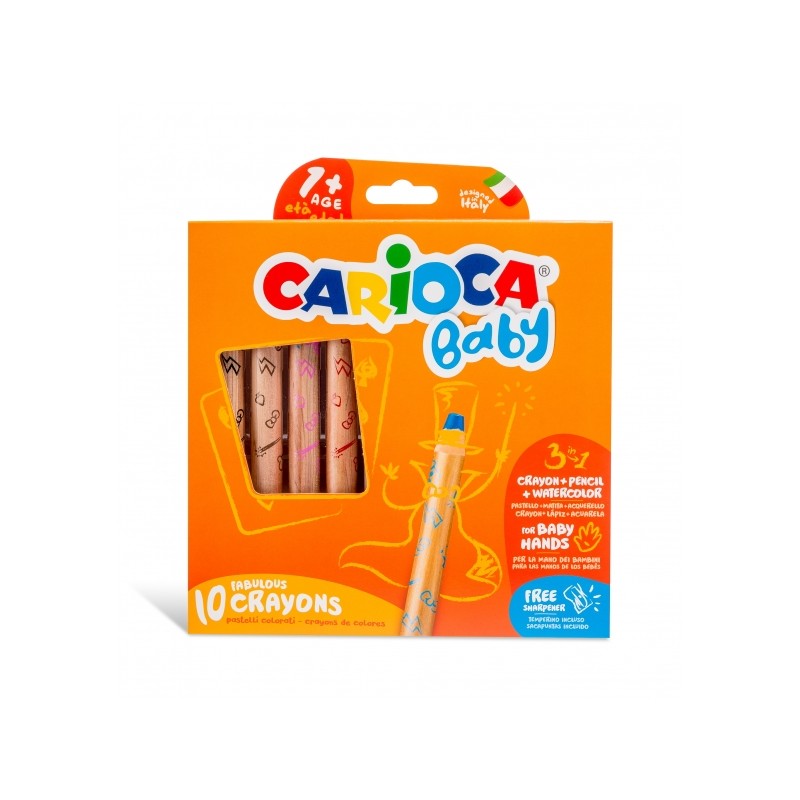 Carioca Baby 1+ 3In1 Pack de 10 Crayons - Crayon, Cire et Aquarelle en Un - Corps Extra Large Facile à Saisir - Aquarellable