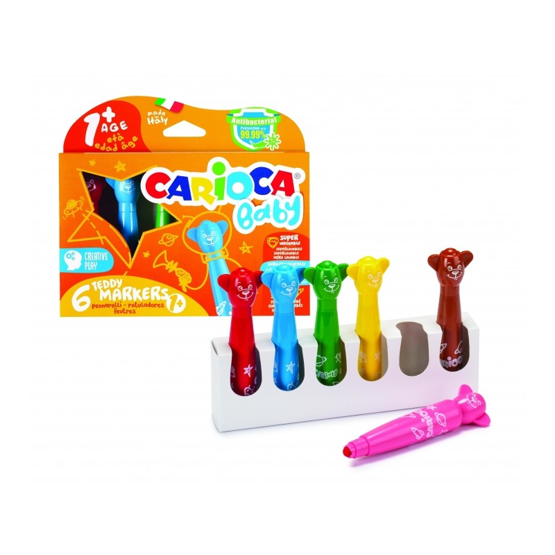 Carioca Baby Teddy Pack de 6 marqueurs - Super sûr - Forme ergonomique - Encre super lavable - Testé dermatologiquement
