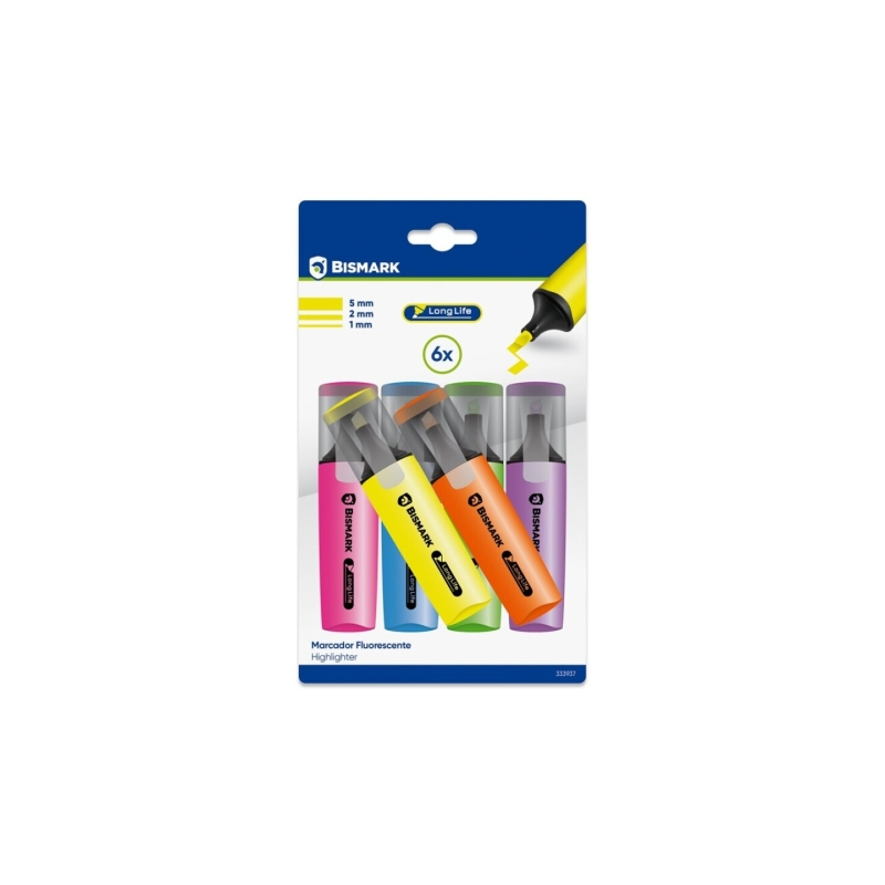 Lot de 6 marqueurs fluorescents néon longue durée Bismark - Encre à séchage rapide - Pointe biseautée - Idéal pour souligner et