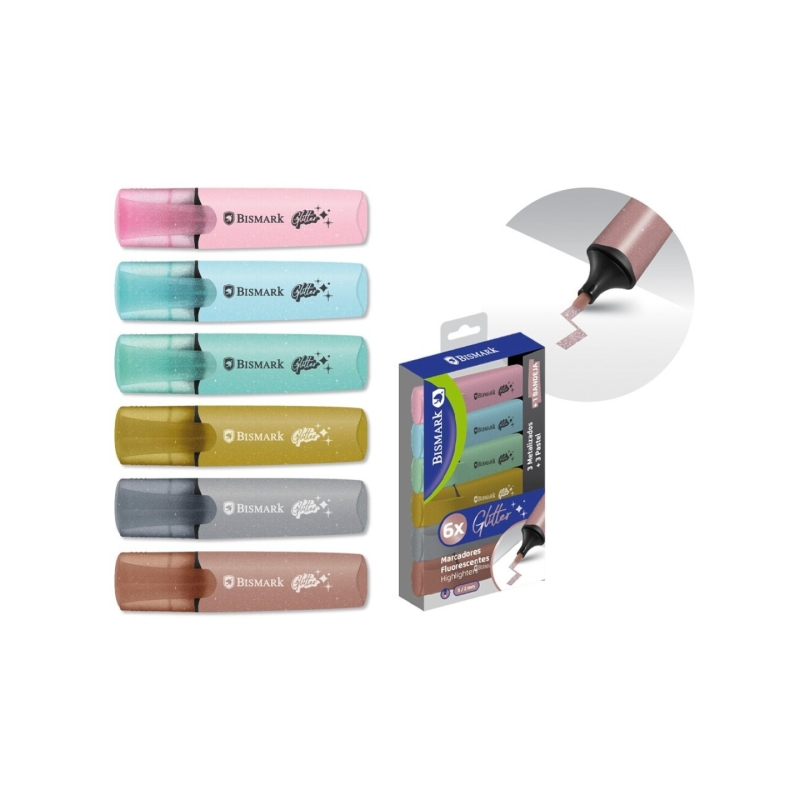 Lot de 6 marqueurs fluorescents à paillettes Bismark - 3 pastels et 3 métalliques - Encre à séchage rapide - Pointe biseautée
