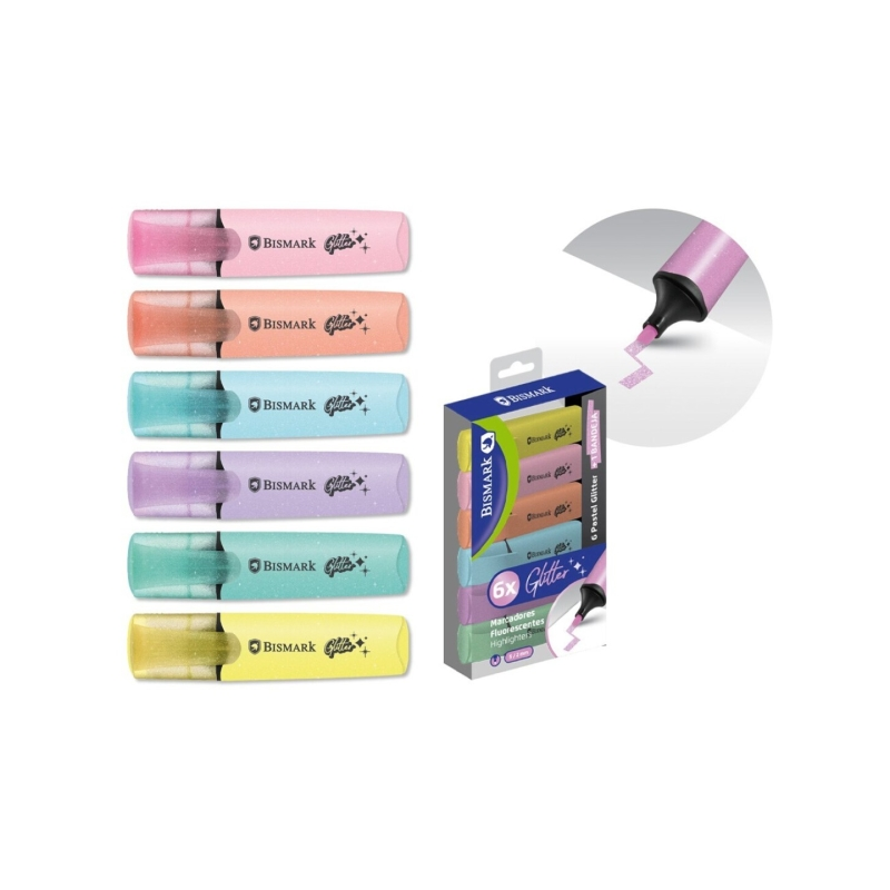 Lot de 6 marqueurs fluorescents pastel pailletés Bismark