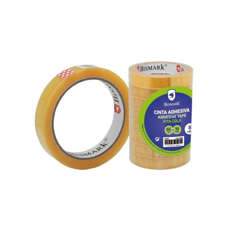 LOT de 8 Ruban adhésif transparent Bismark 19 mm x 66 m - Fabriqué en polypropylène - Transparent